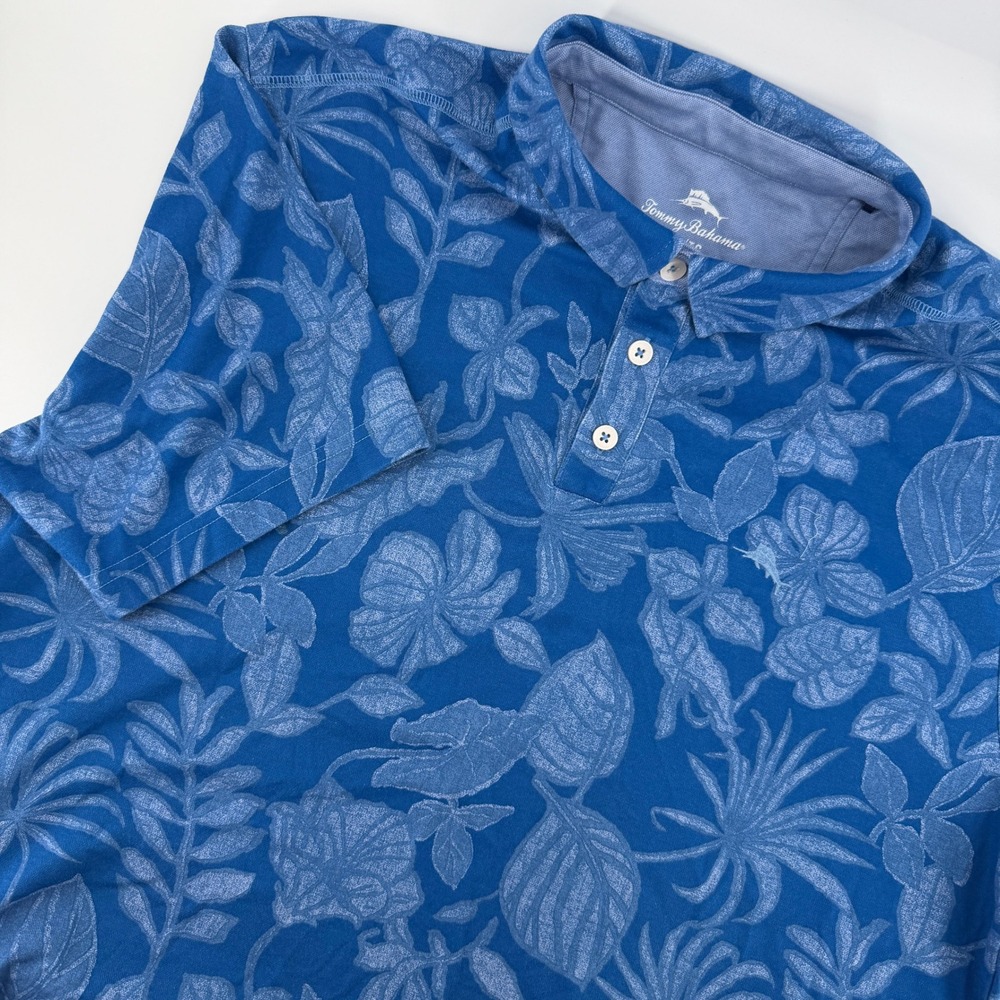 Tommy Bahama Polo Shirt Mens XL Blue Tropical Floral Supima Cotton Blend S/S